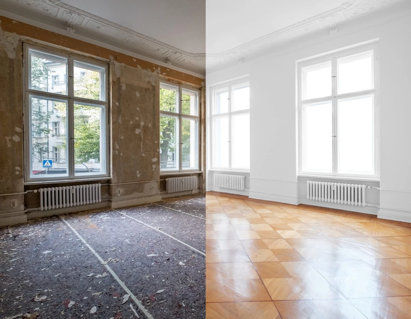 Altbauraum vor und nach der Oberflächenbearbeitung.