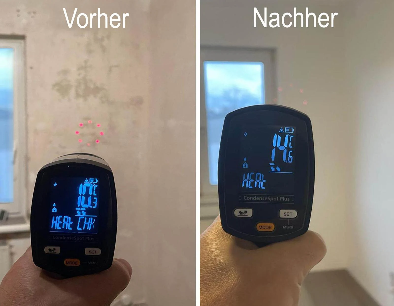 Zwei reale Wandmessungen im Vergleich: vor der Beschichtung 10,3 Grad Celsius, danach 14,6 Grad Celsius.